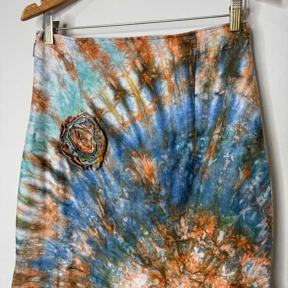 Vintage Handmade Blue Orange Tie Dye Rosette Fit and Flare Boho Midi Skirt - Picture 2 of 11